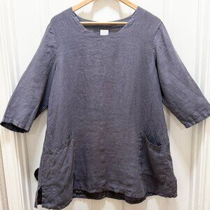 Match Point Women's 100% Linen Midi Tunic Dress Size Purplish Gray With Pockets